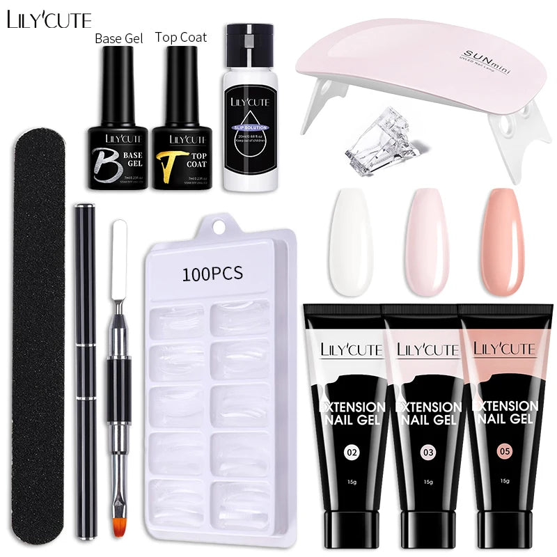 Kit de gel para extensión de uñas LILYCUTE de 15 ml, gel UV, acrílico, blanco, transparente, rosa, esmalte de uñas, lámpara LED, set de manicura para decoración de uñas.