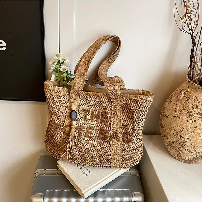 Bolso de paja tejido de gran capacidad estilo francés para mujer, nuevo bolso de hombro para vacaciones en la playa, bolso de mano informal para el día a día.