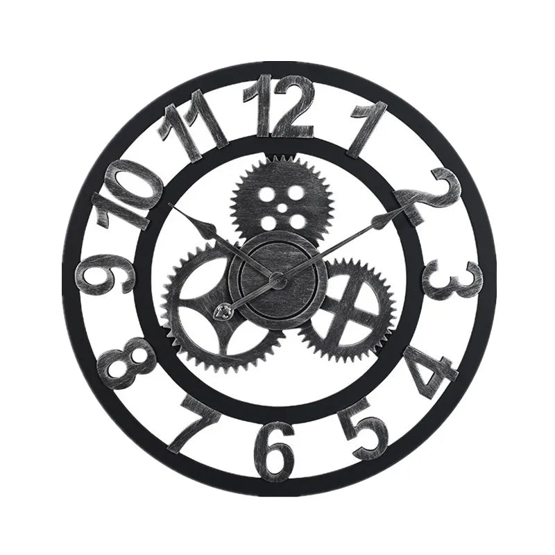 Reloj de pared vintage con engranajes, estilo industrial, de madera y metal, decoración rústica americana para bares o cafeterías.
