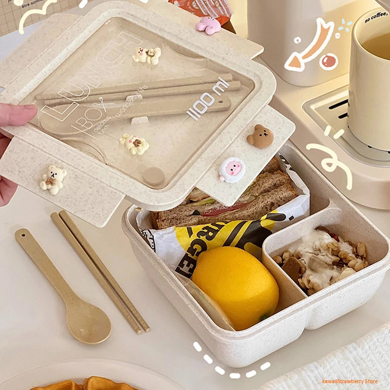 Caja de almuerzo de 1100ML para niños, escuela, adultos, oficina, de paja de trigo, apta para microondas, picnic, almacenamiento, portátil, gran caja bento con cuchara y palillos