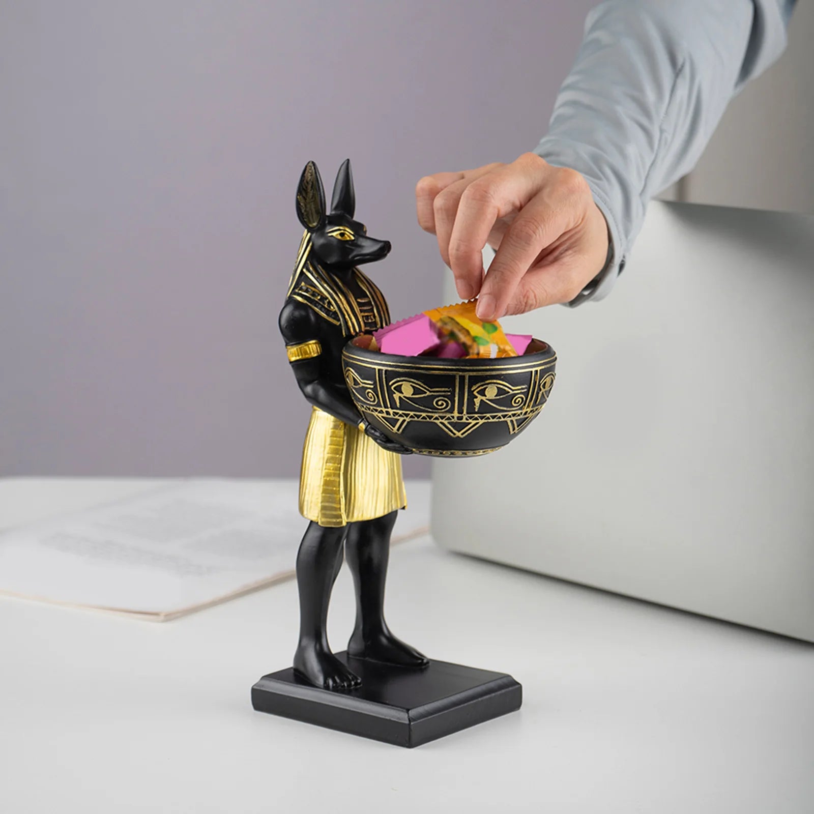 Estatua de resina del dios Anubis de 25 cm, figura de dios egipcio con cuenco, escultura egipcia, decoración del antiguo Egipto y organizador de escritorio.