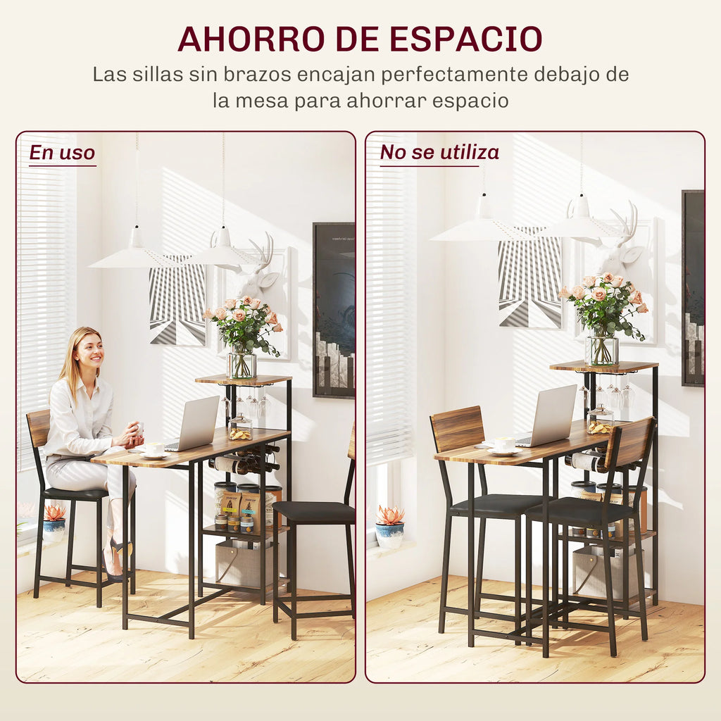 HOMCOM Conjunto de Mesa de Bar con Laterales Abatibles Soporte para Vinos y 2 Taburetes de Estilo Industrial Marrón y Negro
