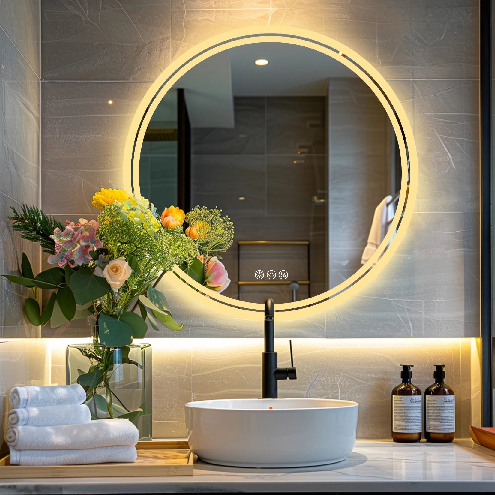 Espejo de baño con luces LED circulares retroiluminadas, espejo iluminado de pared, antivaho, 3 colores, IP65, regulable.