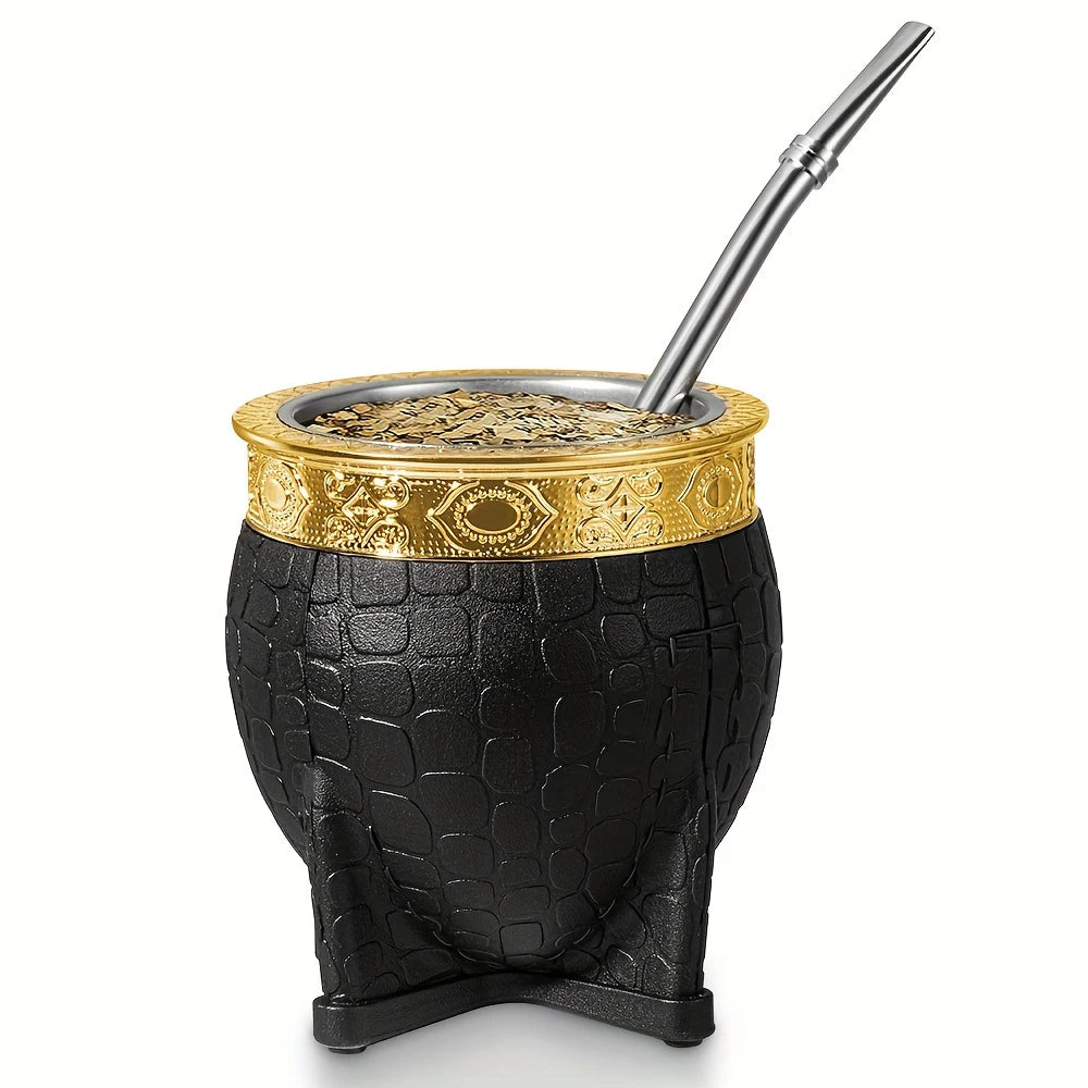 Juego de mate tradicional de 180 ml con taza de yerba mate de 180 ml, hecha a mano en cuero de primera calidad, estilo argentino-uruguayo, con bombilla.
