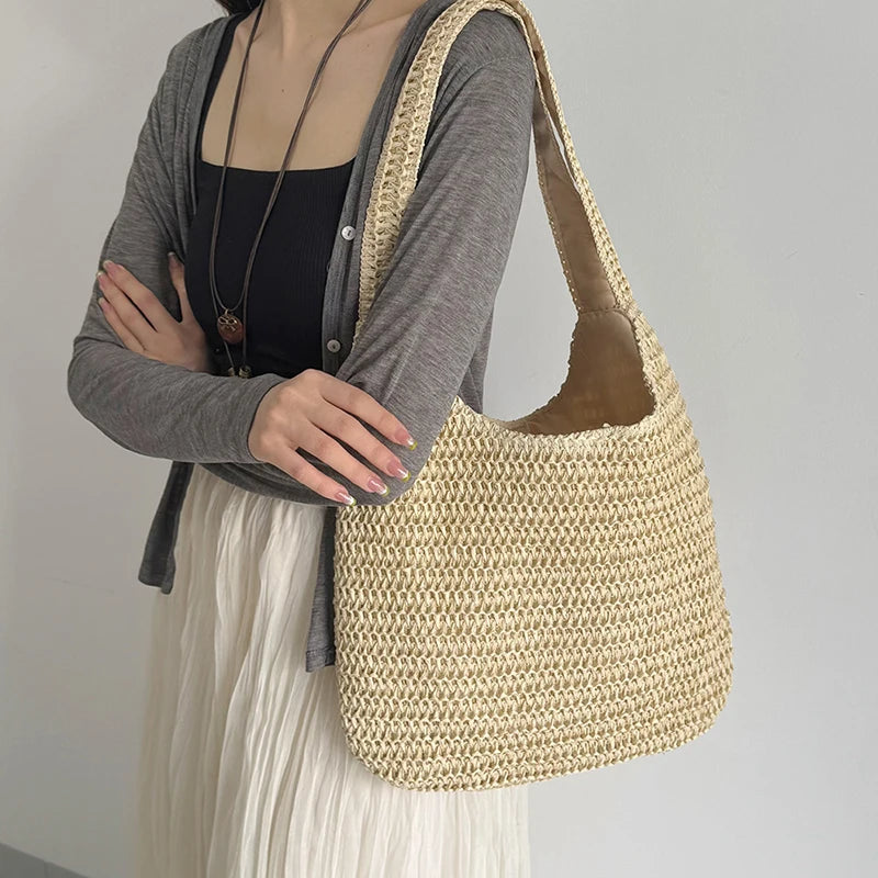 Bolsos de hombro de ratán para mujer, bolsos de mano tejidos para mujer, bolsos de paja de gran capacidad para la playa de verano, bolsos de mano informales.