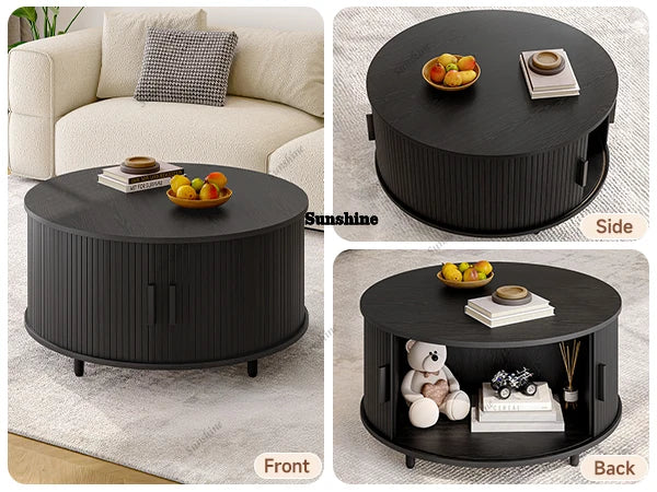 Round Coffee Table with Storage,31.5" Modern Coffee Table with 360° Curved Sliding Door,Fluted Wood Accent Coffee Tablee