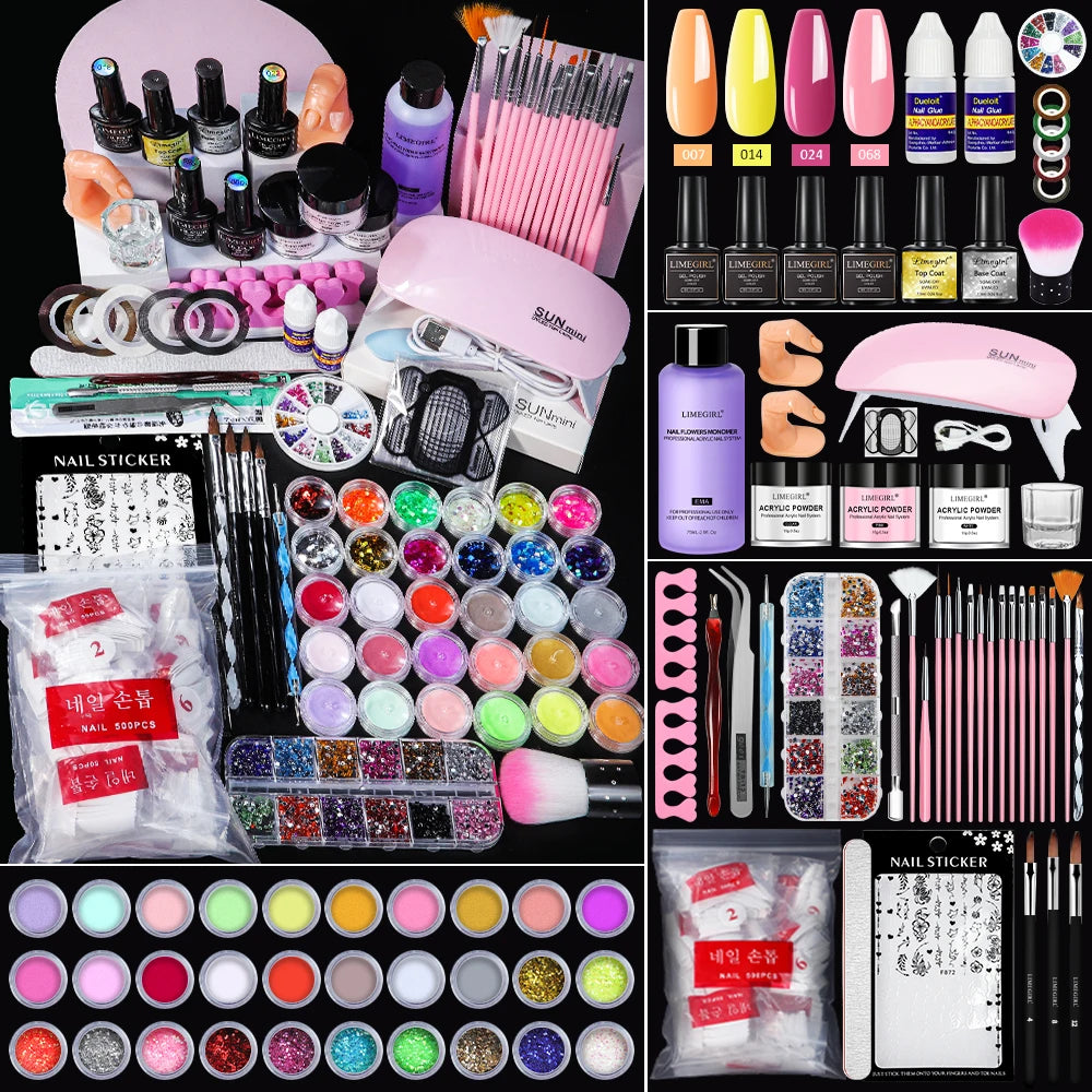 Set de polvos acrílicos y herramientas de manicura LIMEGIRL. Kit de polvos acrílicos multicolor de moda para extensiones de uñas y sutiles toques de brillo.