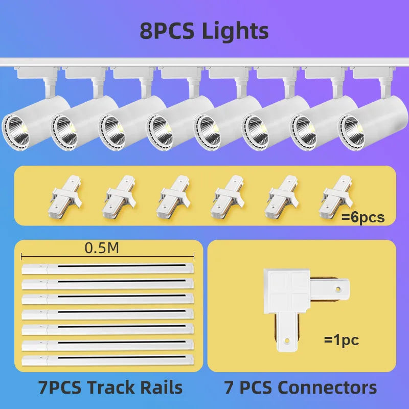 Juego completo de focos LED de riel de 50W, 40W y 20W con tecnología COB para iluminación de riel de techo en interiores, ideales para la decoración de salas de estar y cocinas.