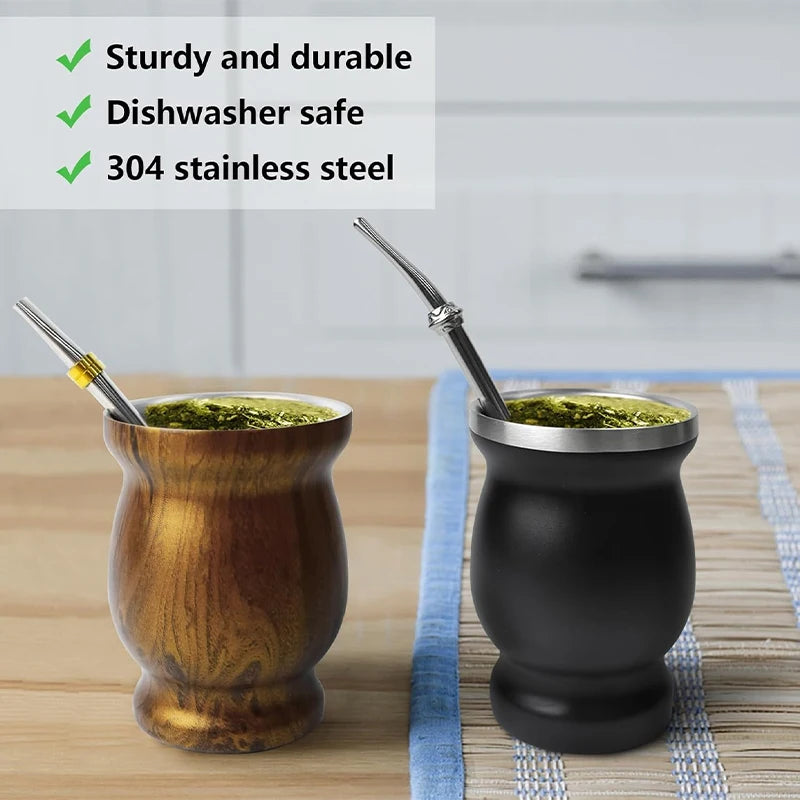 Juego de mate de acero inoxidable con doble pared, incluye 2 bombillas, una calabaza para mate con pajita y un cepillo de limpieza.