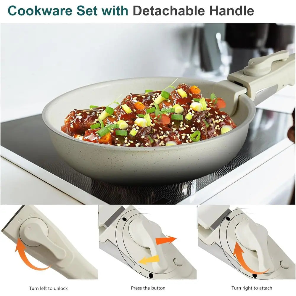 Juego de 12 piezas de utensilios de cocina antiadherentes color blanco crema con mangos desmontables, apto para inducción, lavavajillas y horno.