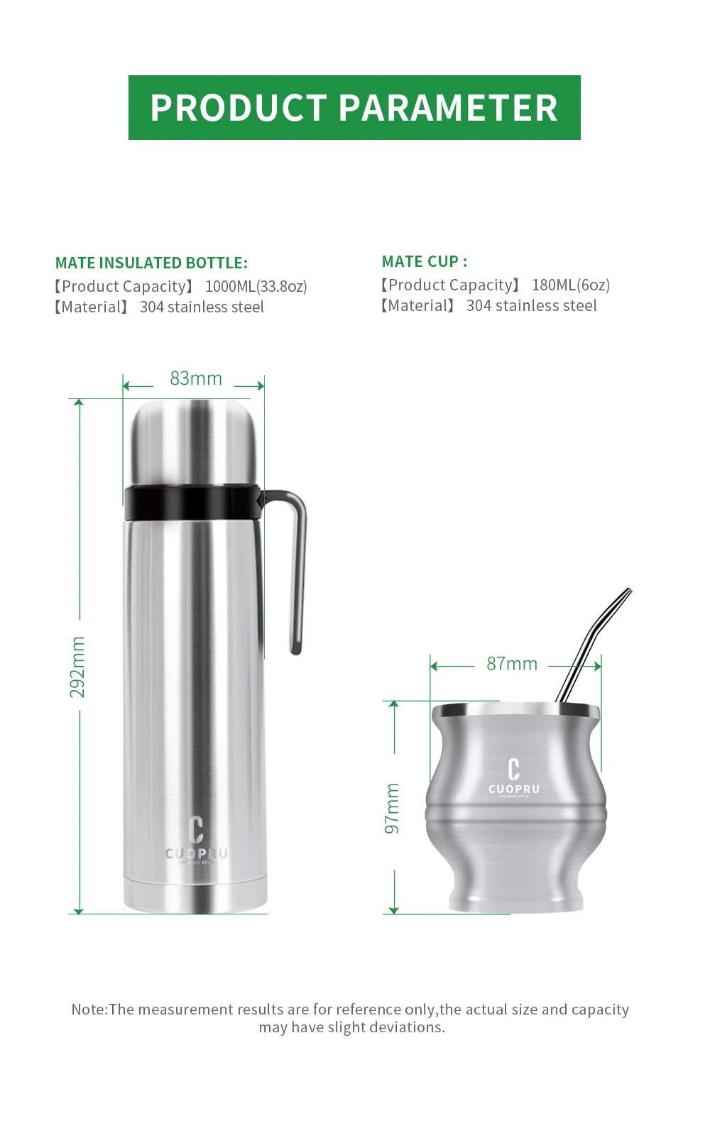 Kit de Yerba Mate - Incluye mate moderno, bombilla, cepillo de limpieza y termo - Acero inoxidable 304 de primera calidad (plateado)