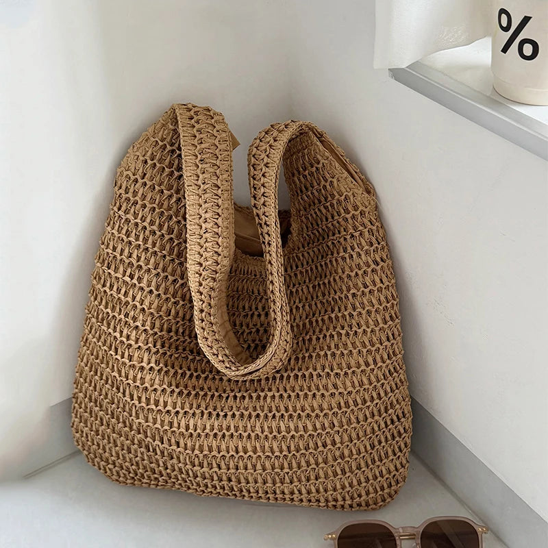 Bolsos de hombro de ratán para mujer, bolsos de mano tejidos para mujer, bolsos de paja de gran capacidad para la playa de verano, bolsos de mano informales.