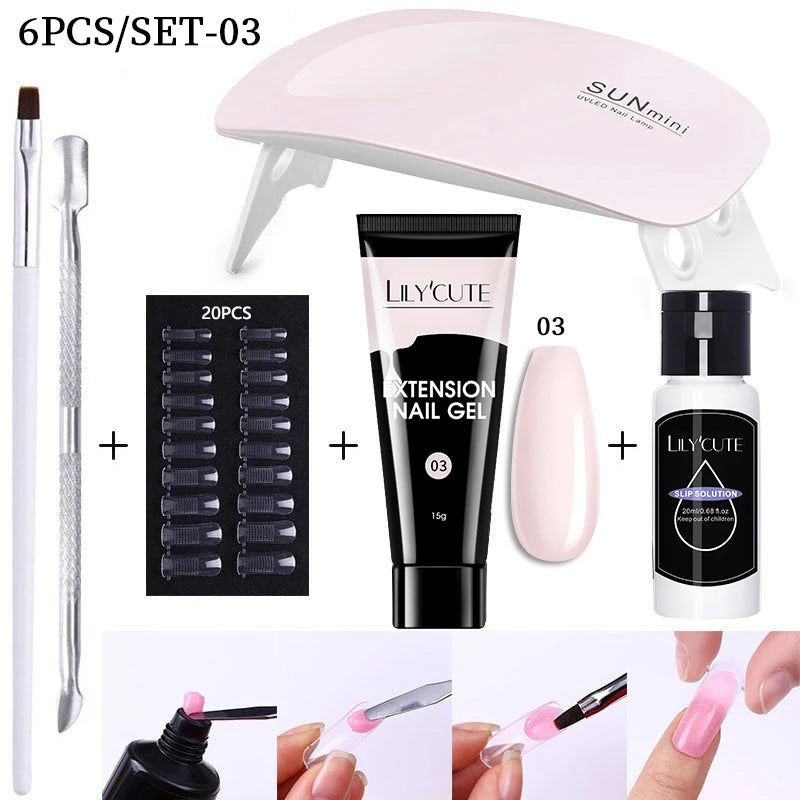 Kit de gel para extensión de uñas LILYCUTE de 15 ml, solución acrílica, esmalte en gel con lámpara para uñas para una rápida extensión, gel UV para uñas.