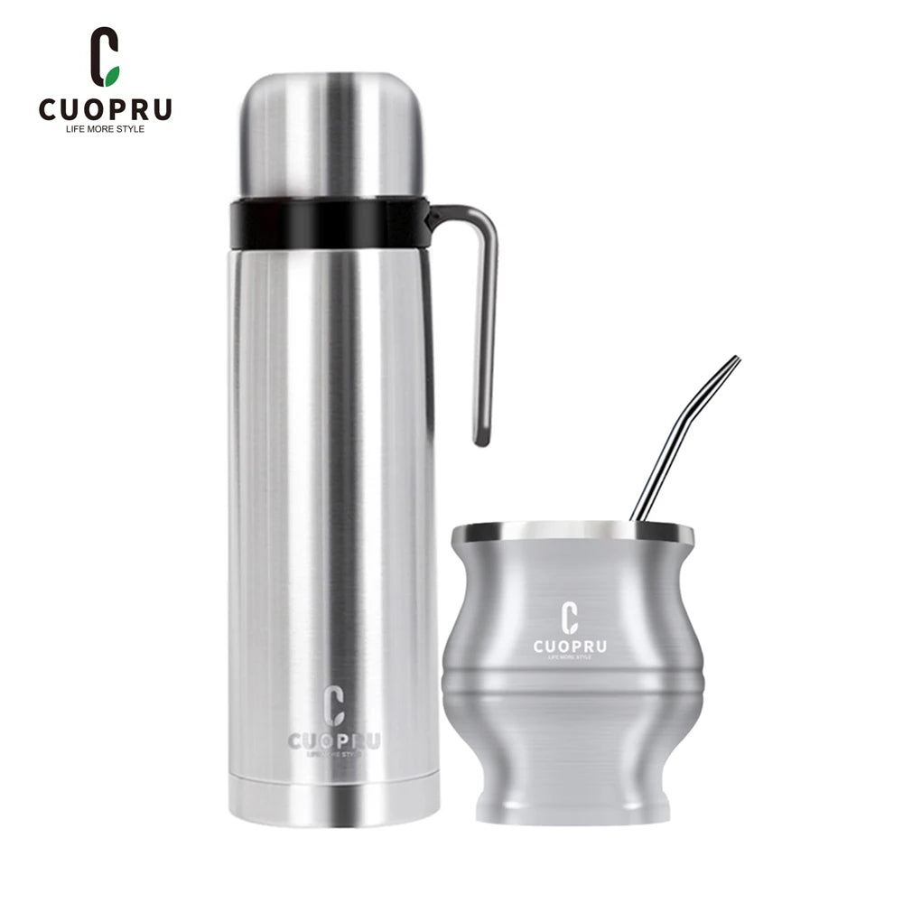 Kit de Yerba Mate - Incluye mate moderno, bombilla, cepillo de limpieza y termo - Acero inoxidable 304 de primera calidad (plateado)