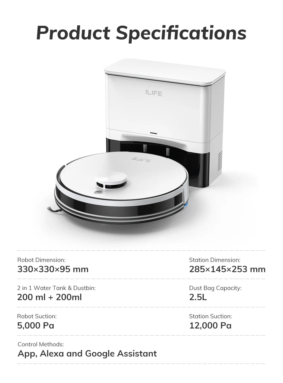 ILIFE A30 PRO, aspiradora y fregona robot con potencia de succión de 5000 Pa, vaciado automático, capacidad para 60 días, control por aplicación/mando a distancia, autonomía de 180 minutos.