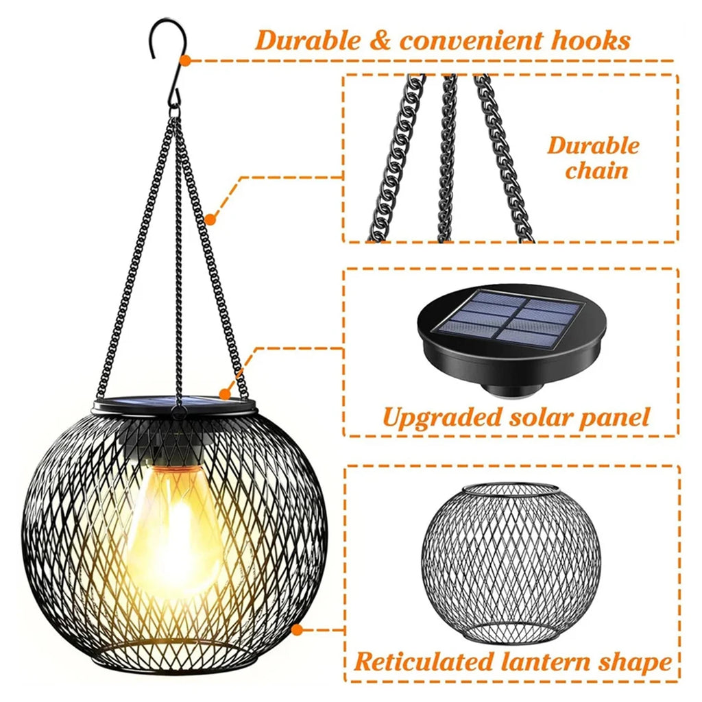 Linterna solar exterior impermeable con luz LED, lámparas de jardín de 3000k con sensor de luz diurna y cadena duradera para exteriores. Carcasa metálica hueca.
