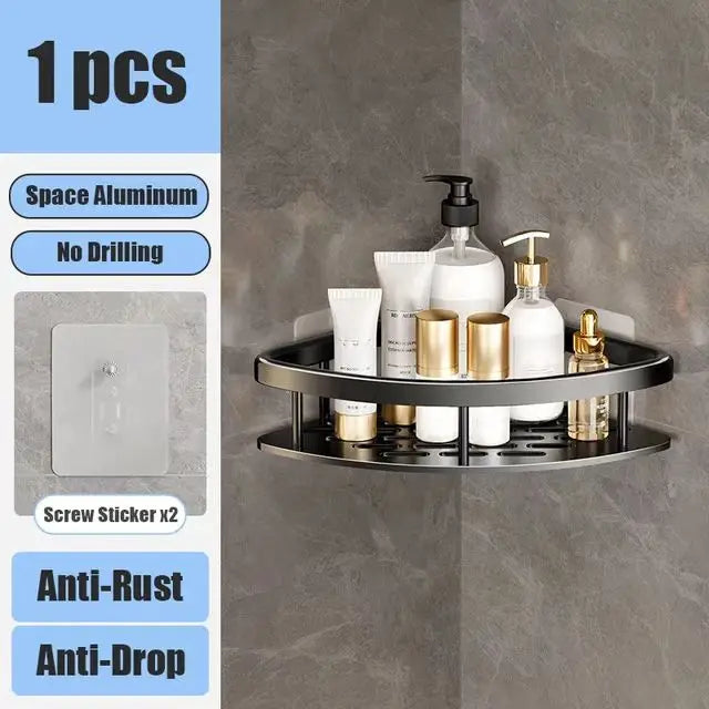 Estante de baño sin taladro DE ALUMINIO , montaje en pared, estante de esquina para botella de champú, estante de almacenamiento.