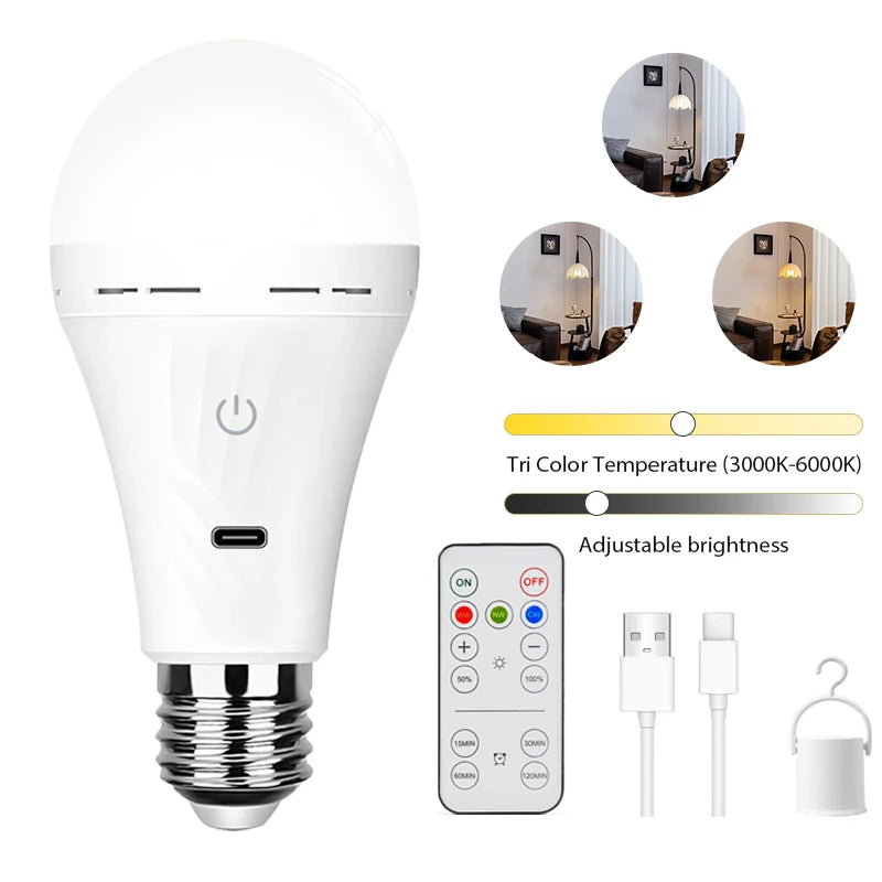 Bombilla recargable USB-C - 3 colores, control remoto/regulable/temporizador, 1800 mAh para sala de estar, dormitorio