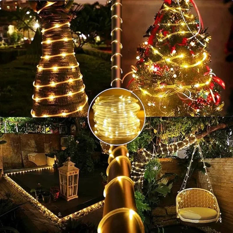 Tira de luces LED solares, tubo de cuerda, guirnalda de luces solares, decoración navideña para exteriores, jardín, césped, árbol, patio, valla.