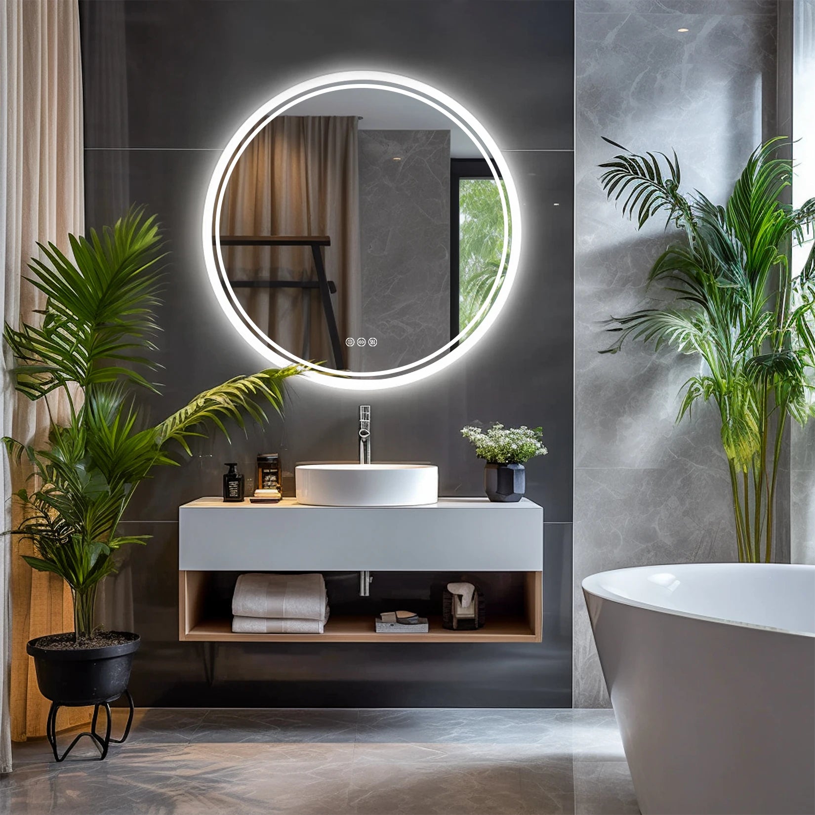 Espejo de baño con luces LED circulares retroiluminadas, espejo iluminado de pared, antivaho, 3 colores, IP65, regulable.