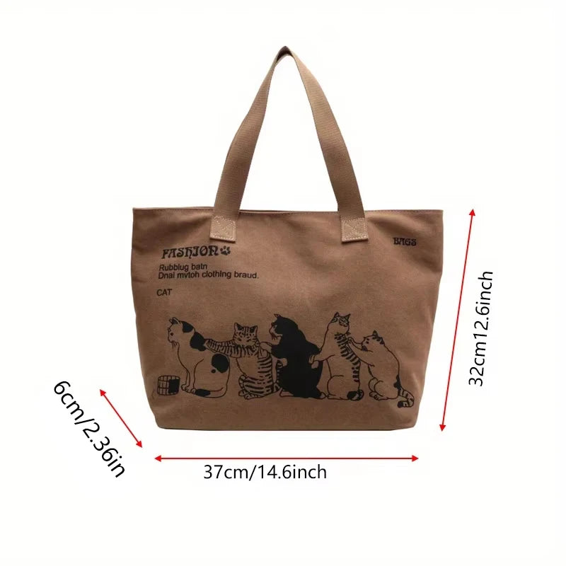 Bolsos de lona de gran capacidad, bolso de mano para mujer, bolso de hombro con estampado de gato anime y letras, bolso casual para niñas, bolso de viaje portátil grande.