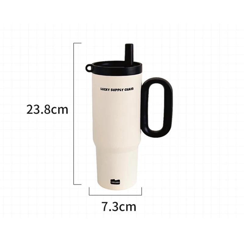 Termo de acero inoxidable de 720 ml con pajita y asa, ideal para café helado, bebidas, viajes en coche y actividades al aire libre.