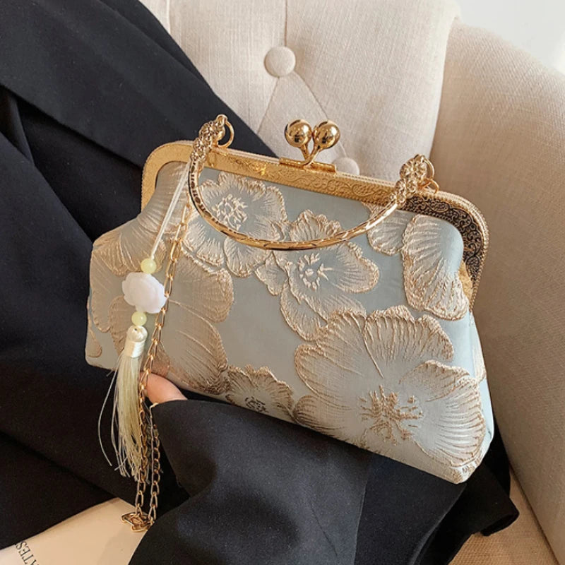 Bolso de hombro bordado de estilo chino, elegante bolso de mano retro pequeño cuadrado, bolso de fiesta de boda, lujo, diseñador, mujer, bolso de mano de noche