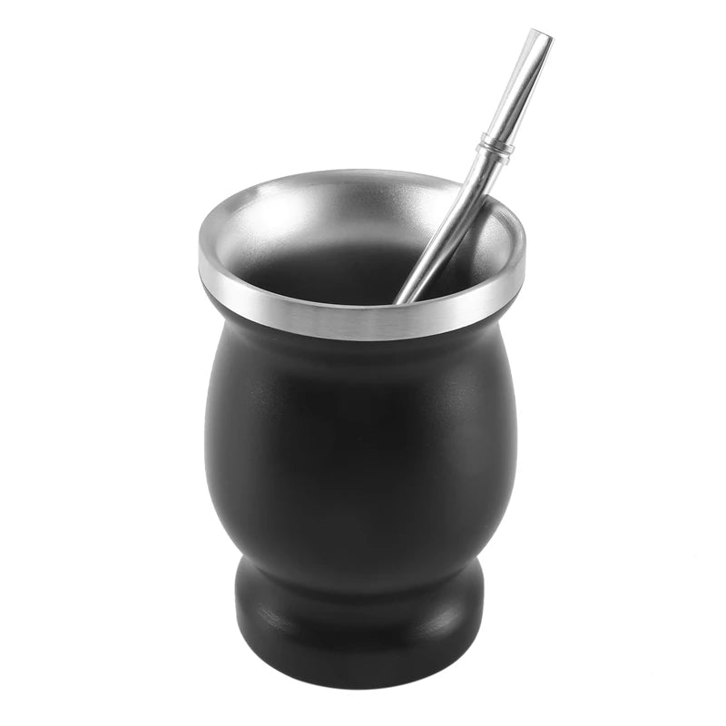 Juego de taza de yerba mate de doble pared de acero inoxidable con forma de calabaza, taza de café y agua, incluye 2 bombillas, pajitas, cuchara y cepillo de limpieza, 237 ml (8 oz), color negro - A07G