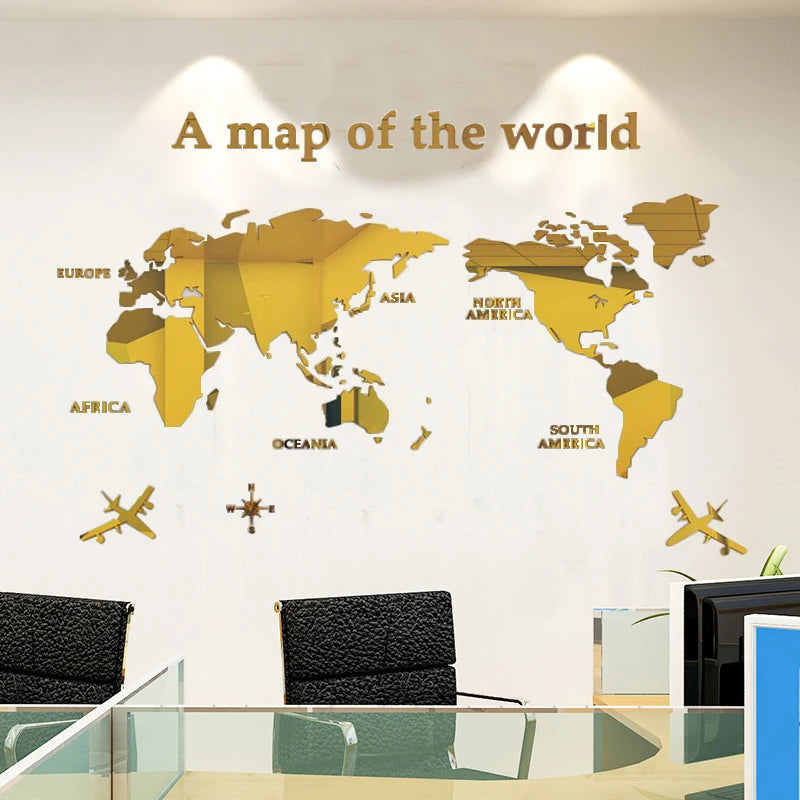 Pegatinas de pared acrílicas 3D con mapa del mundo, pegatinas de espejo tridimensionales, pegatinas decorativas para pared de dormitorio y oficina.