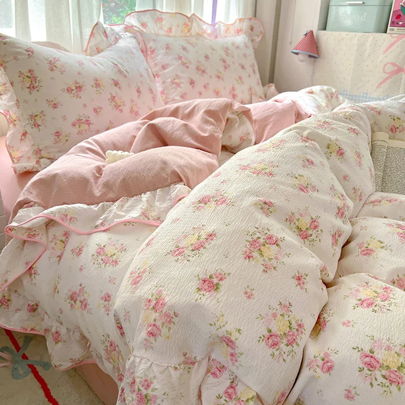 Juego de Ropa de Cama Ruffles Estilo Floral Funda de Edredón Funda de Almohada con Sábana Juego de Ropa de Cama Amigable con la Piel Ropa de Cama para Habitación de Niñas
