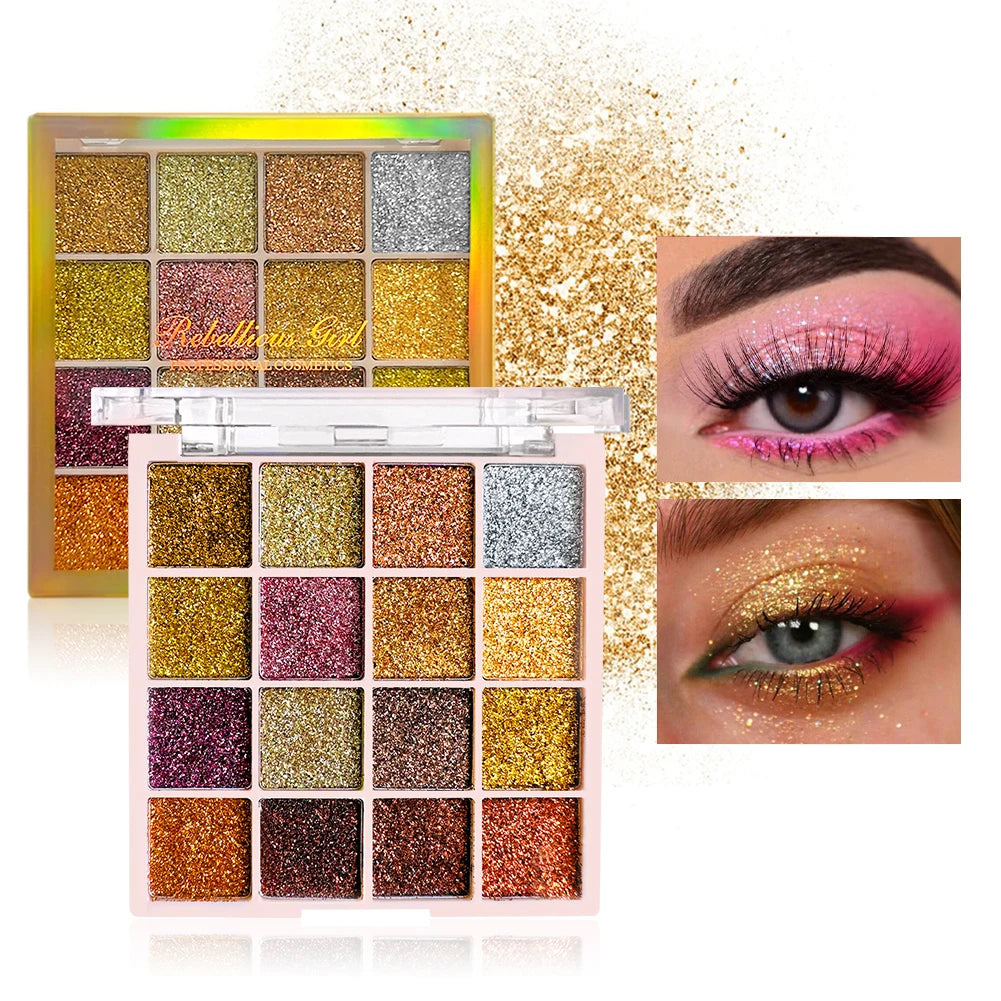 Paleta de sombras de ojos con brillo de 16 colores, efecto iridiscente multicolor dorado, acabado brillante con lentejuelas, maquillaje para cuerpo y rostro, ideal para fiestas y eventos.