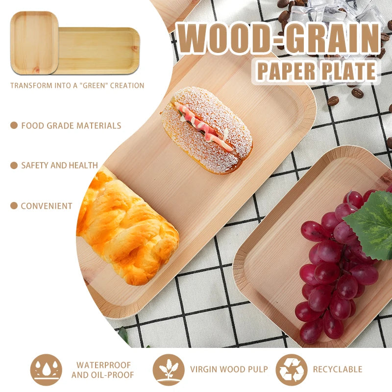 10/20 unidades de platos rectangulares desechables de madera, bandeja de papel, vajilla para postres, pan y ensaladas, accesorios de mesa para cenas y fiestas.