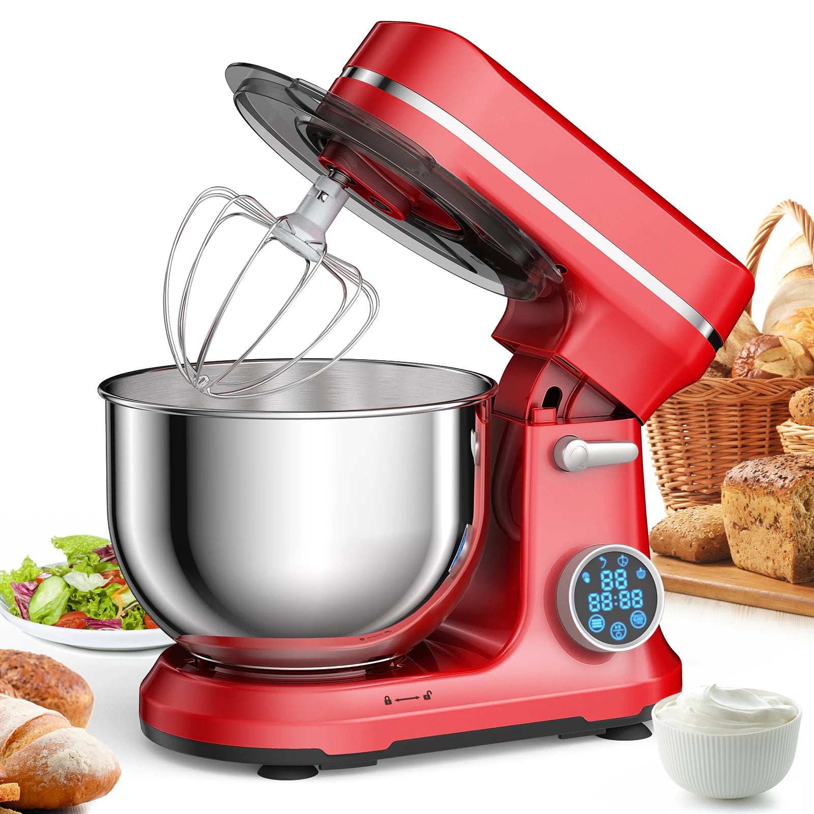 Batidora de pie BioloMix Kitchen, motor de CC de 1200 W y 11 velocidades, pantalla digital OLED, batidora eléctrica con gancho amasador y varillas.