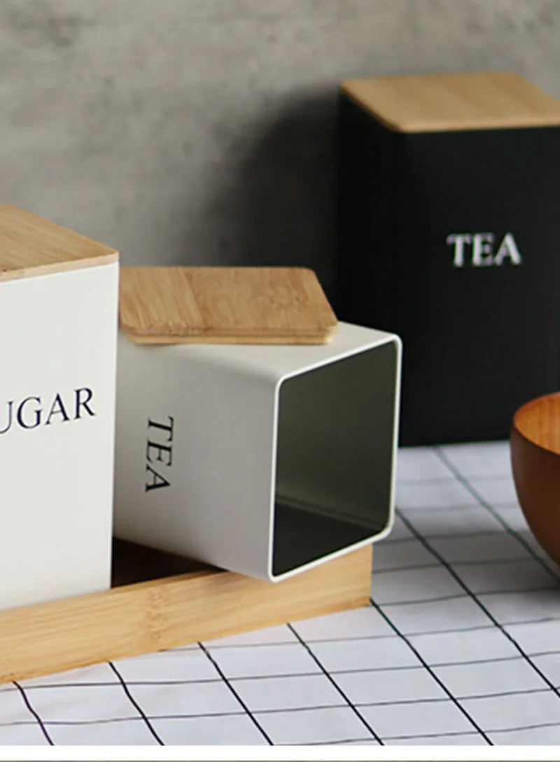 Recipiente para granos de café con tapa de bambú, estilo sencillo, tarros de metal para té, café y azúcar, lata de té, utensilios de cocina.