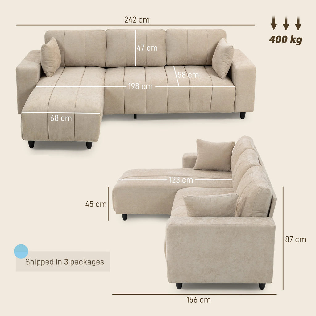 Sofá esquinero reversible Homcom con chaise longue, 3 plazas, 2 cojines, tapizado en lino, estructura de acero, para salón, 242 x 156 x 87 cm, color beige.