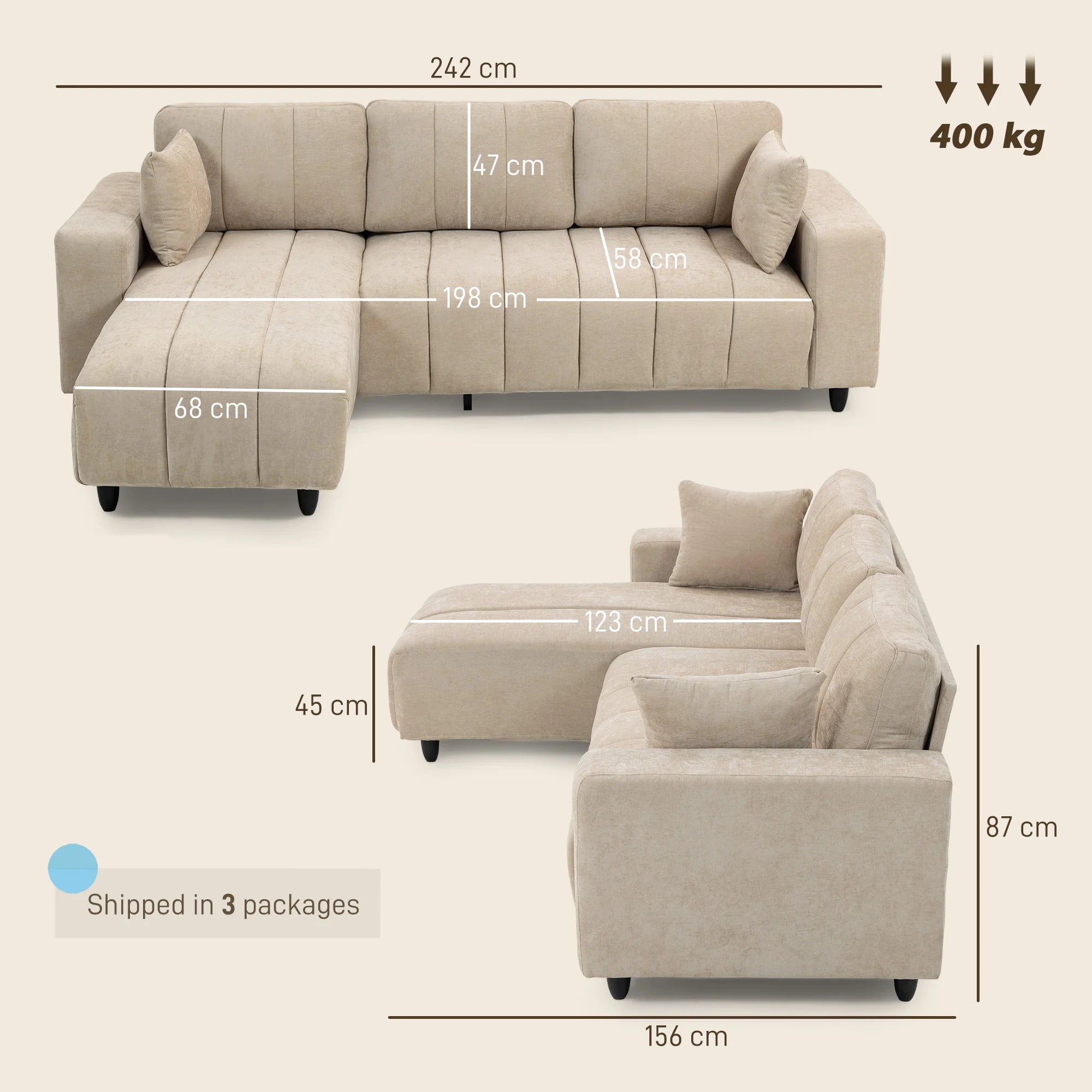 Sofá esquinero reversible Homcom con chaise longue, 3 plazas, 2 cojines, tapizado en lino, estructura de acero, para salón, 242 x 156 x 87 cm, color beige.