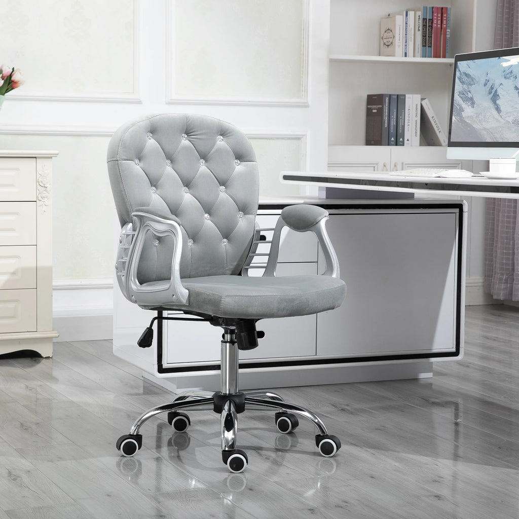 Vinsetto Silla de Escritorio de Terciopelo con Altura Ajustable Reposabrazos y Decoraciones de Diamantes 59,5x60,5x93-103 cm Gris