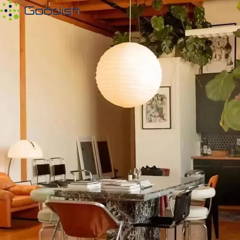 Lámparas colgantes LED de estilo Wabi Sabi japonés con forma de bolas redondas de papel de arroz, ideales para la decoración del hogar y la cocina.