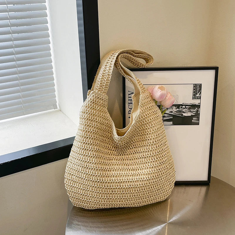 Bolsos de hombro de ratán para mujer, bolsos de mano tejidos para mujer, bolsos de paja de gran capacidad para la playa de verano, bolsos de mano informales.