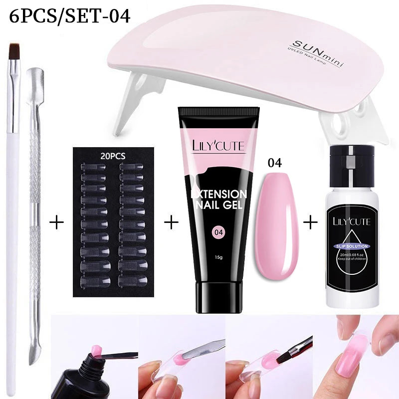 Kit de gel para extensión de uñas LILYCUTE de 15 ml, gel UV, acrílico, blanco, transparente, rosa, esmalte de uñas, lámpara LED, set de manicura para decoración de uñas.