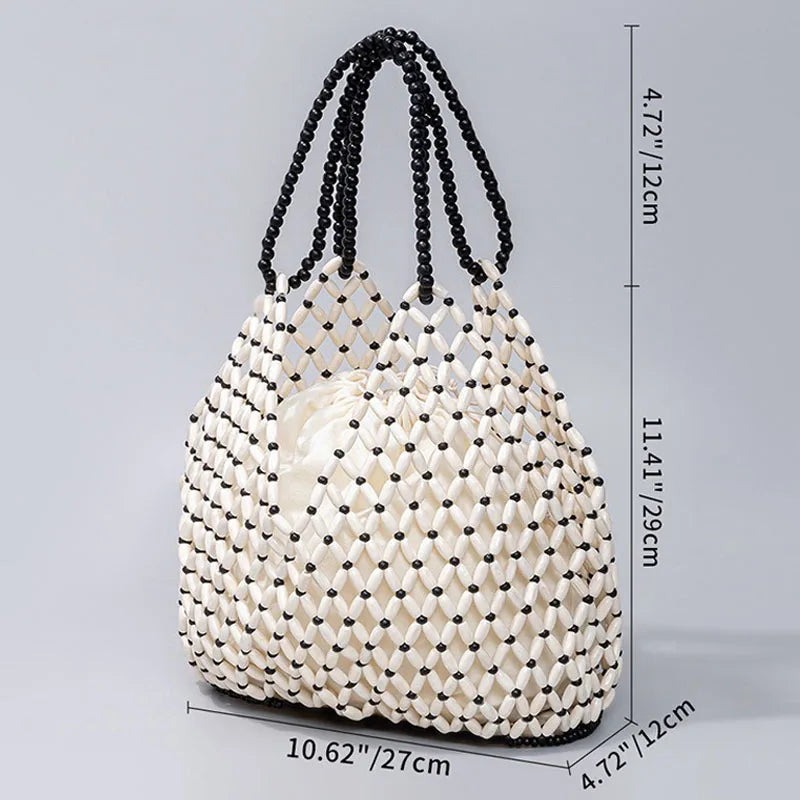 Bolso de mano tejido a mano con cuentas para mujer, exquisito bolso de hombro de madera calada con cuentas, bolso de playa femenino