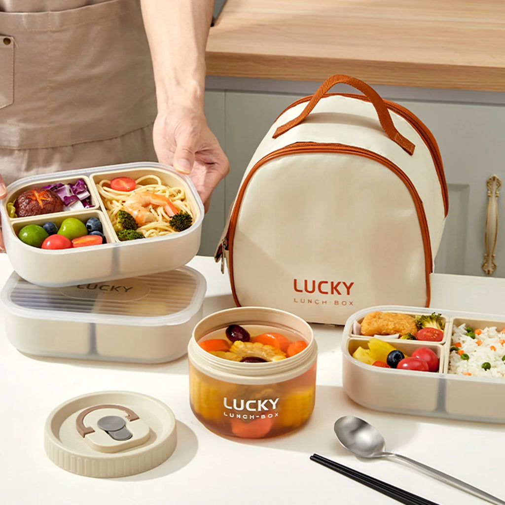 WORTHBUY Tupper de Almuerzo de Plástico para Microondas con 3 Rejillas, Caja Bento de Frutas Portátil y Desmontable, Contenedor de Comida Apilable para Escuela y Oficina