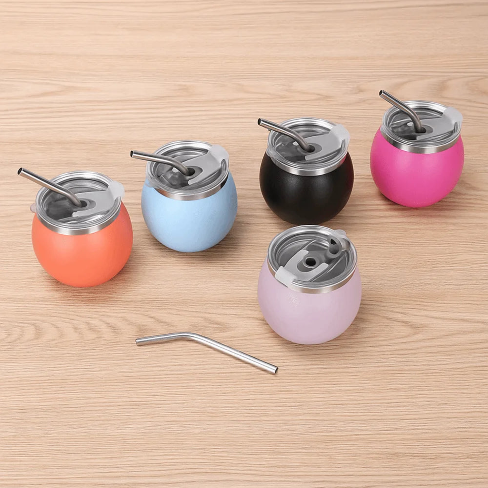 Mate argentino de doble pared de 148 ml (5 oz) de acero inoxidable con aislamiento térmico, pajita y tapa. Ideal para exteriores.