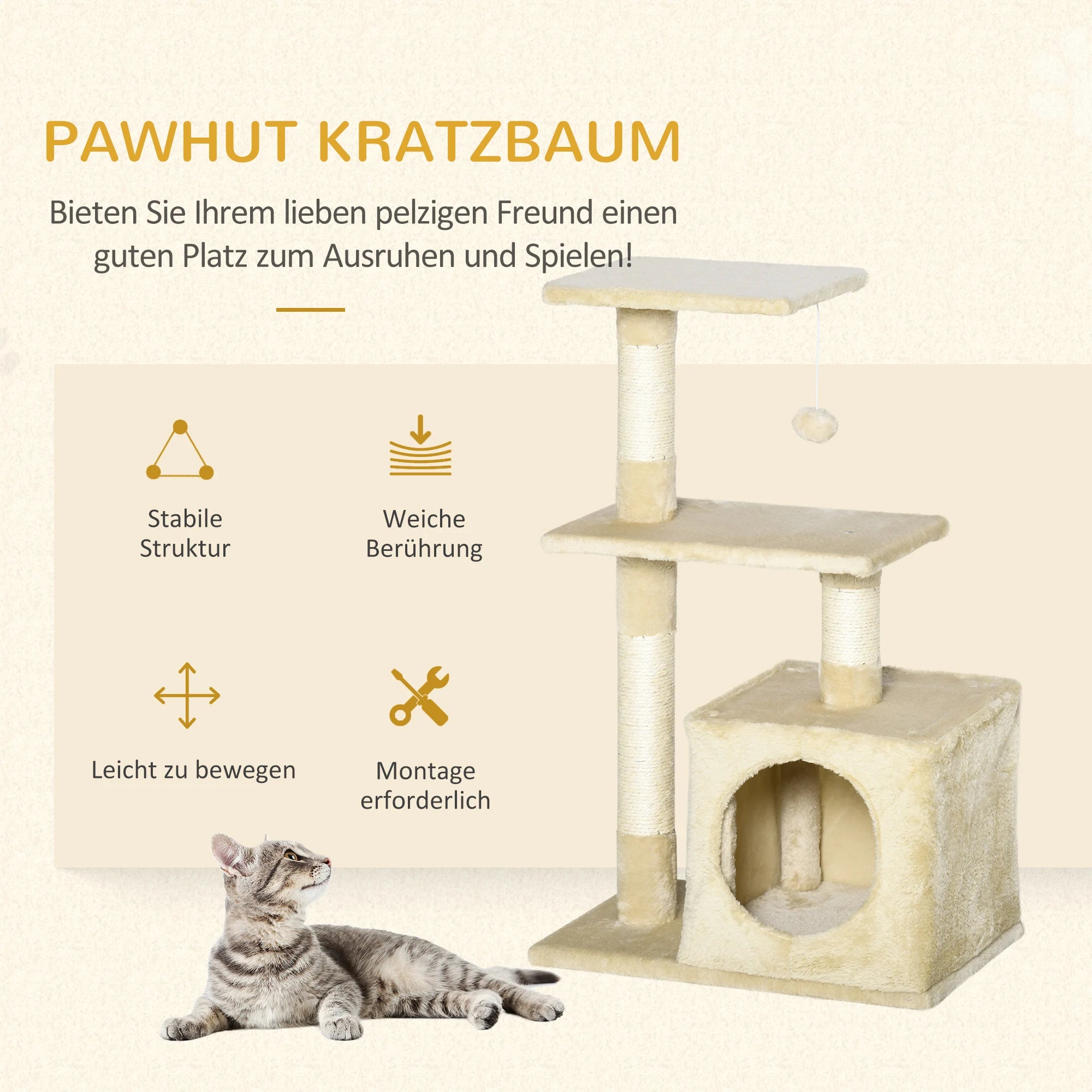 Rascador PawHut con sisal, muebles para gatos con juguetes de peluche, color beige, altura 81,5 cm.