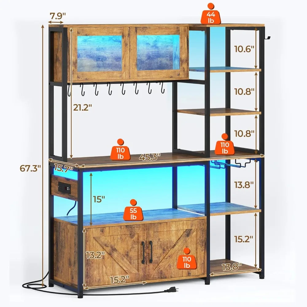 45.3 Inch Farmhouse Bakers Rack, Coffee Bar Cabinet with Power Outlet, LED Light & Microwave Storage
