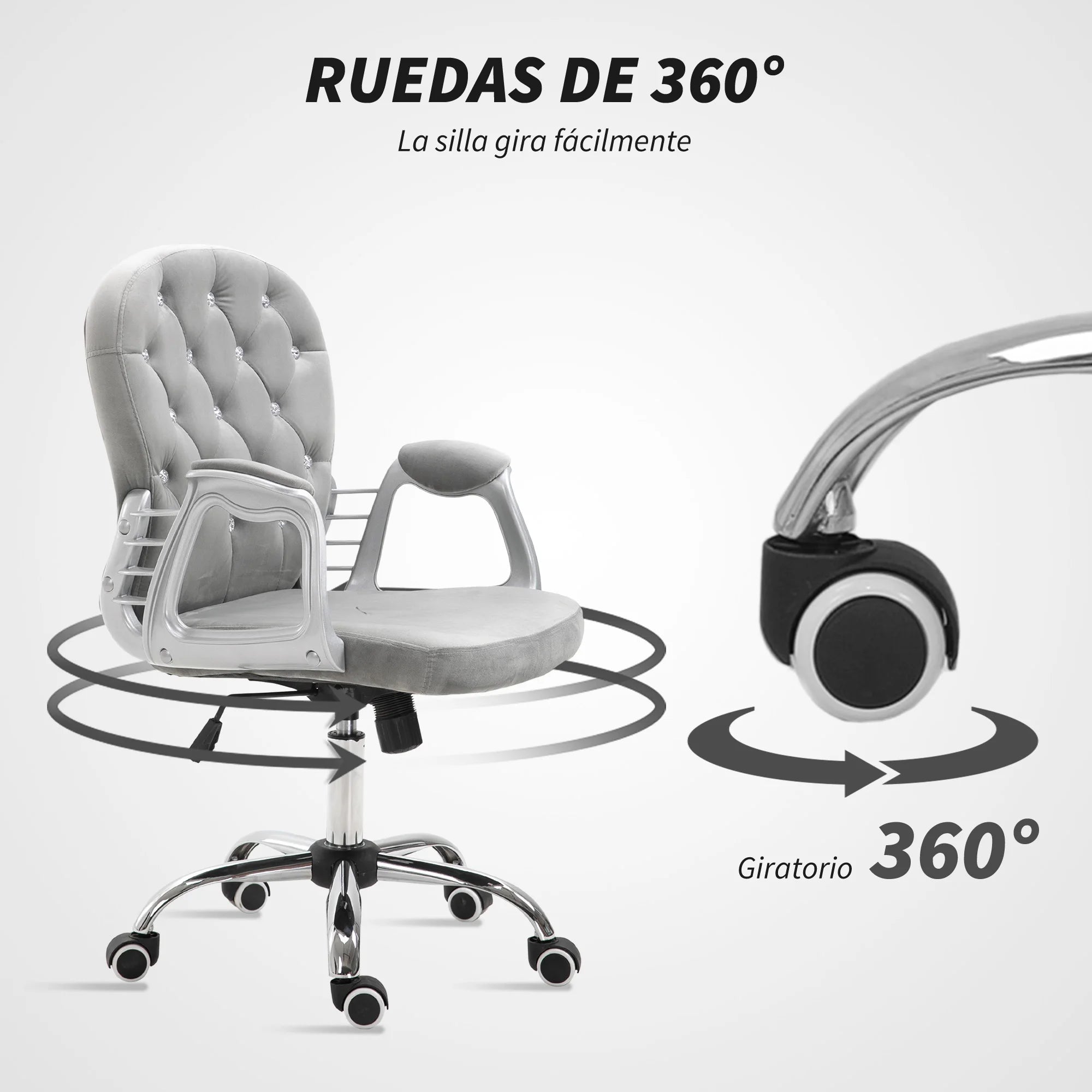 Vinsetto Silla de Escritorio de Terciopelo con Altura Ajustable Reposabrazos y Decoraciones de Diamantes 59,5x60,5x93-103 cm Gris