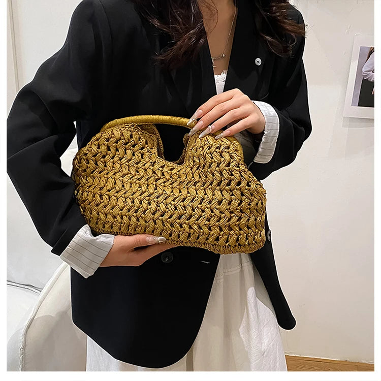 Nuevo bolso de playa de verano para mujer, bolso de mano de lujo de diseñador, bolsos de paja, bolso tote, bolsos de moda de ratán tejido, bolso de viaje para mujer