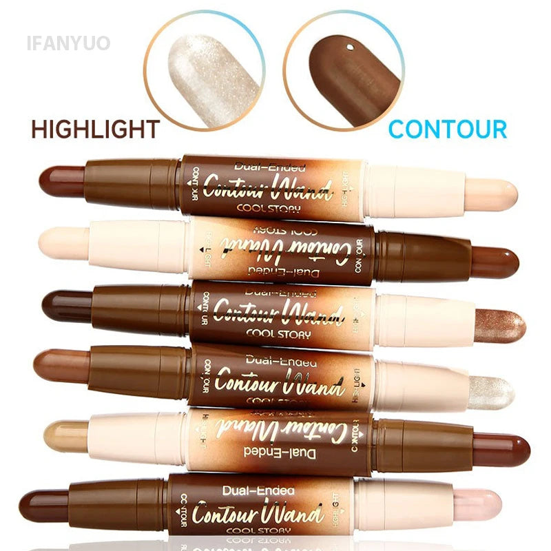 Barra de contorno de doble punta, iluminadora y sombra en crema, resistente al agua, corrector de cobertura total, acabado natural, maquillaje para todo tipo de piel.
