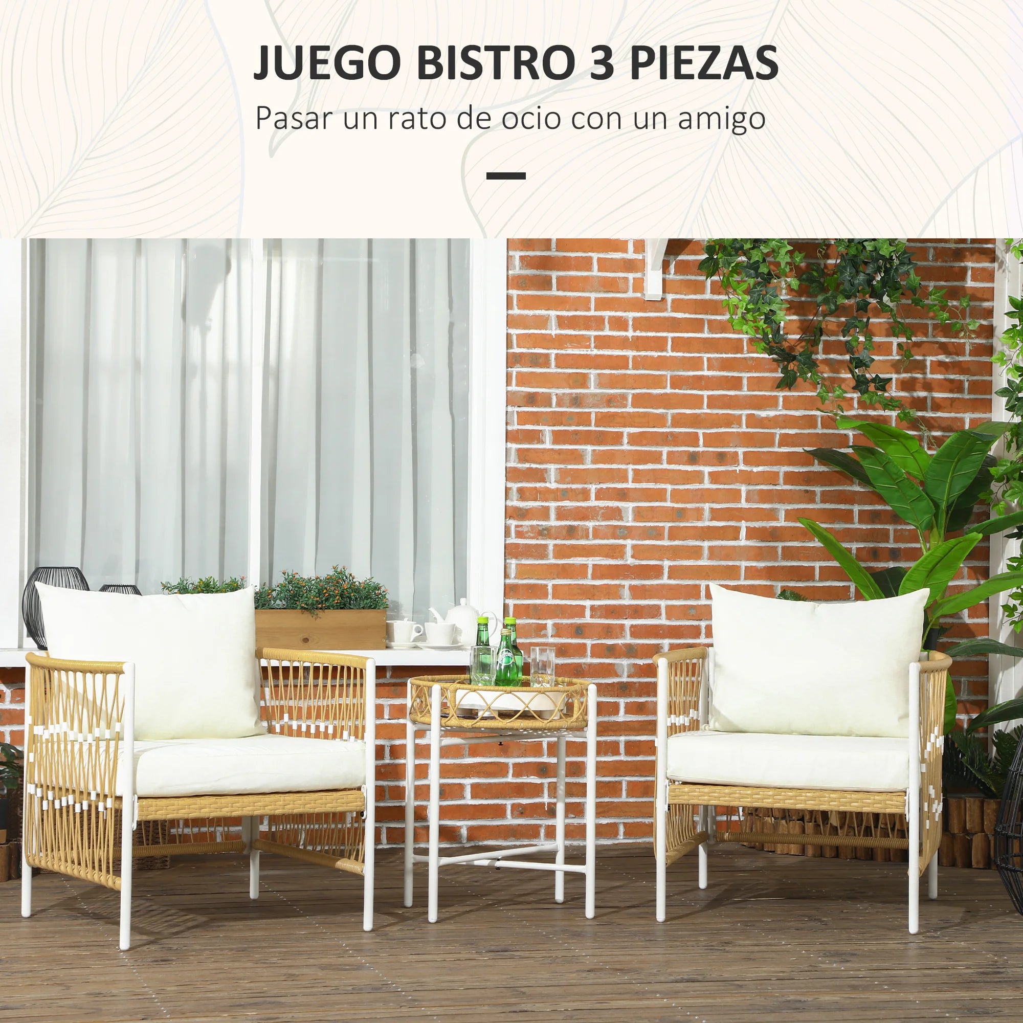 Conjunto de jardín de exterior Outsunny de ratán con 1 mesa y 2 sillas con cojines color crema.