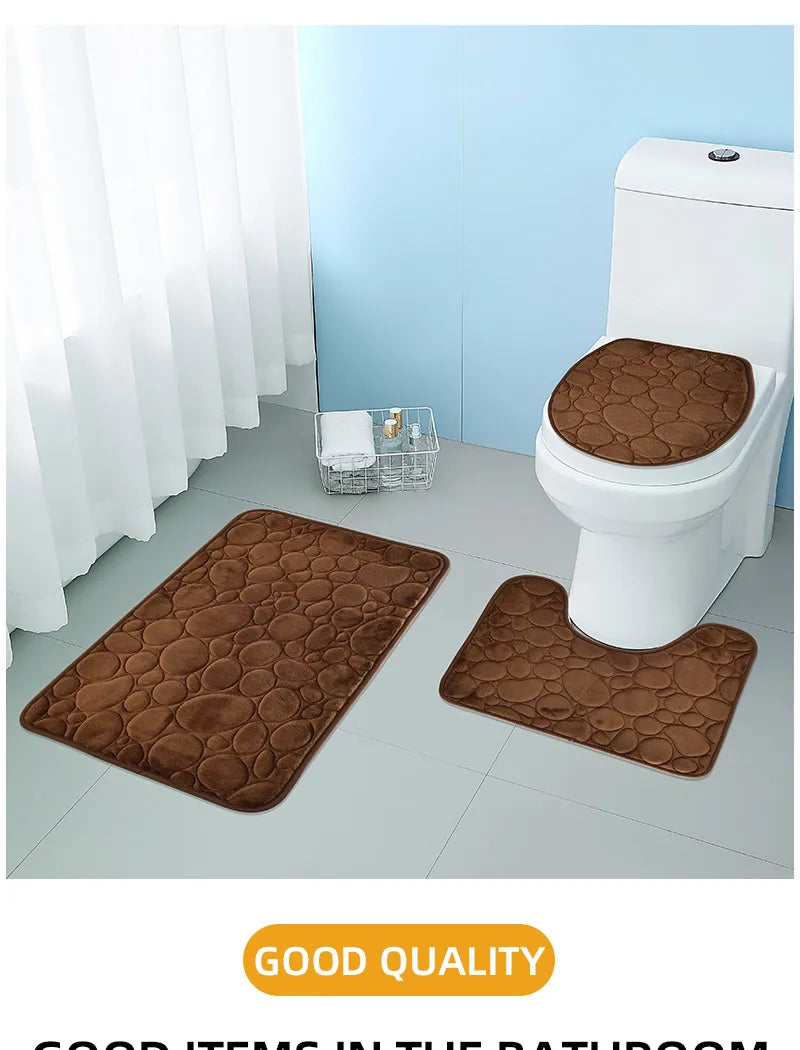 Juego de tres piezas: 1 juego de alfombras de baño sencillas, absorbentes de agua y antideslizantes con estampado de piedra, de color liso, cómodas y suaves.